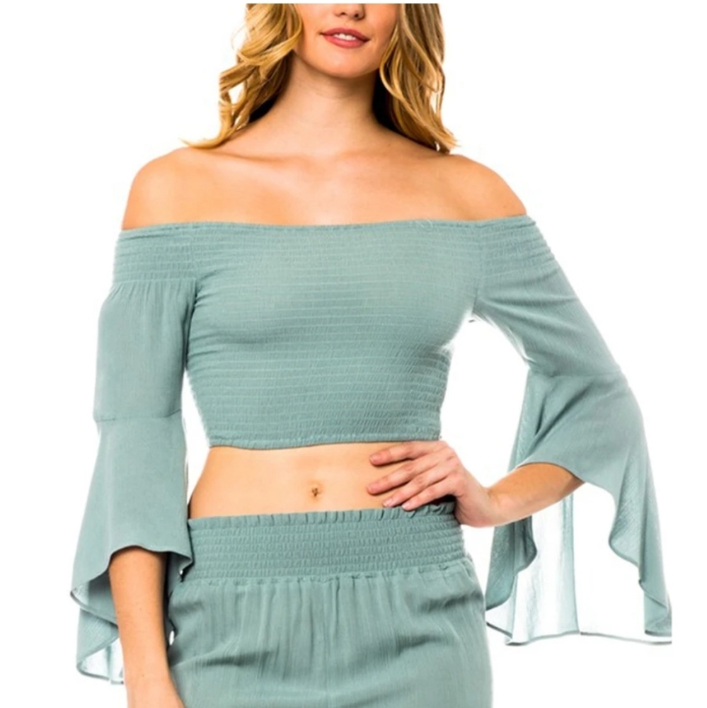 NEW Smocked Off-Shoulder Bell Sleeve Crop Top in Sage
